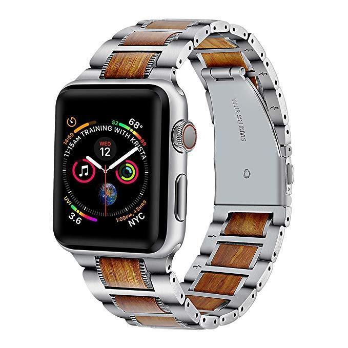 Luxury strap for Apple Watch in natural wood and stainless steel